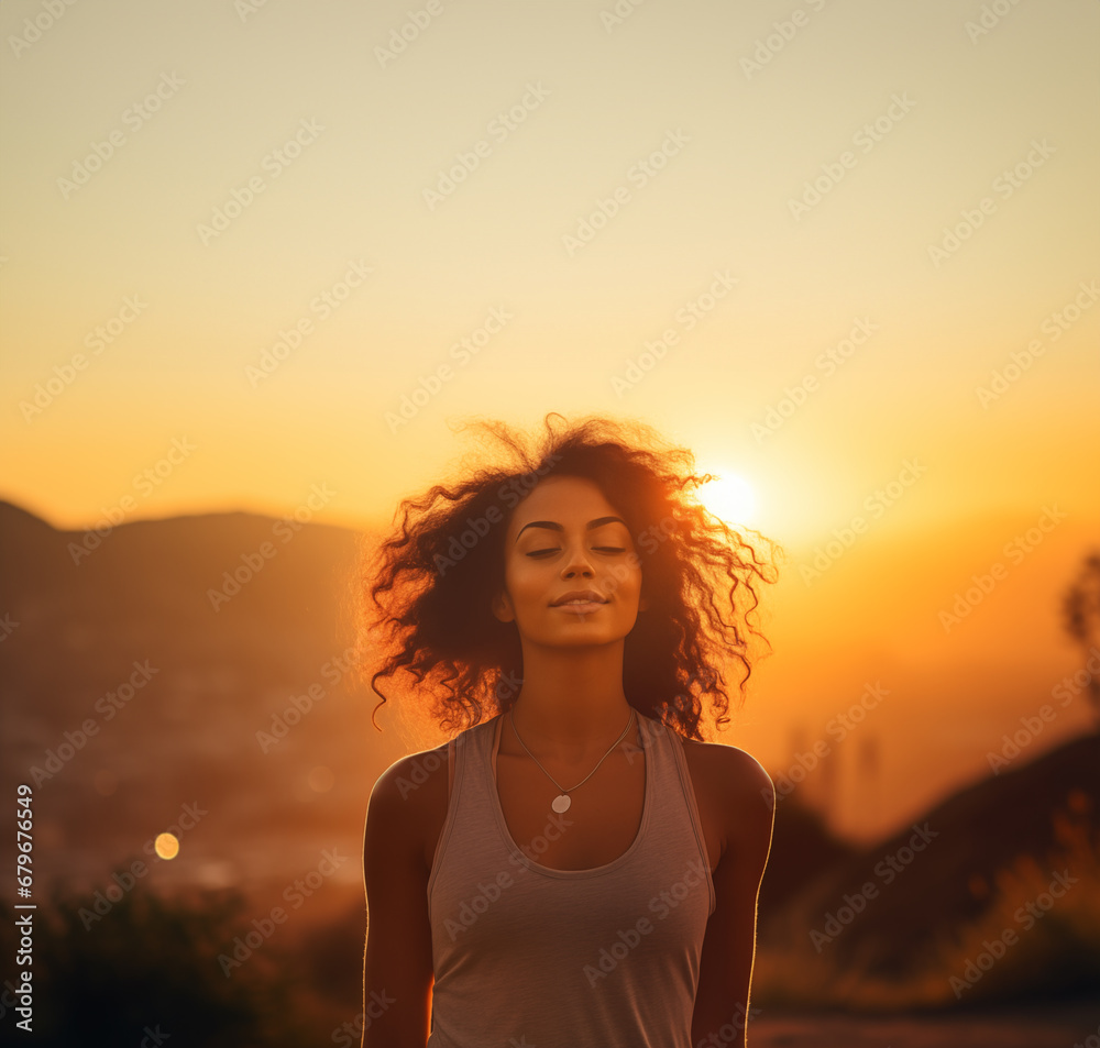 Young African American woman closing her eyes and smiling in the setting sun outside on a hike