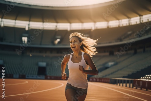Portrait of beautiful woman working out and running on track, running outdoors and doing fitness exercises. healthy jogging and running concept