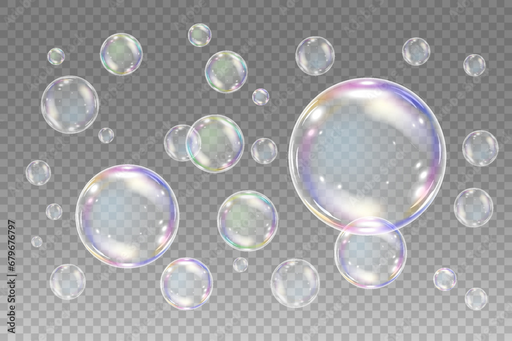 Realistic soap bubbles with rainbow reflection. Big set isolated vector illustration on a transparent background - obrazy, fototapety, plakaty 