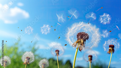 Dandelion with seeds blowing away in the wind across a clear blue sky  with copy space