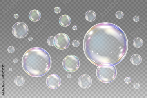 Realistic soap bubbles with rainbow reflection. Big set isolated vector illustration on a transparent background
