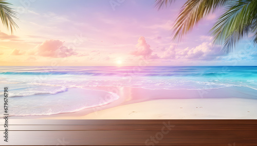 wooden table on the beach with sunset in the background