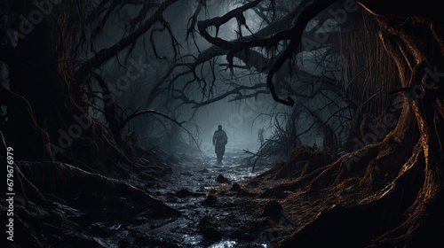 Creepy dark forest at night with man walking over trees, misty forest wit fog, halloween dark forest