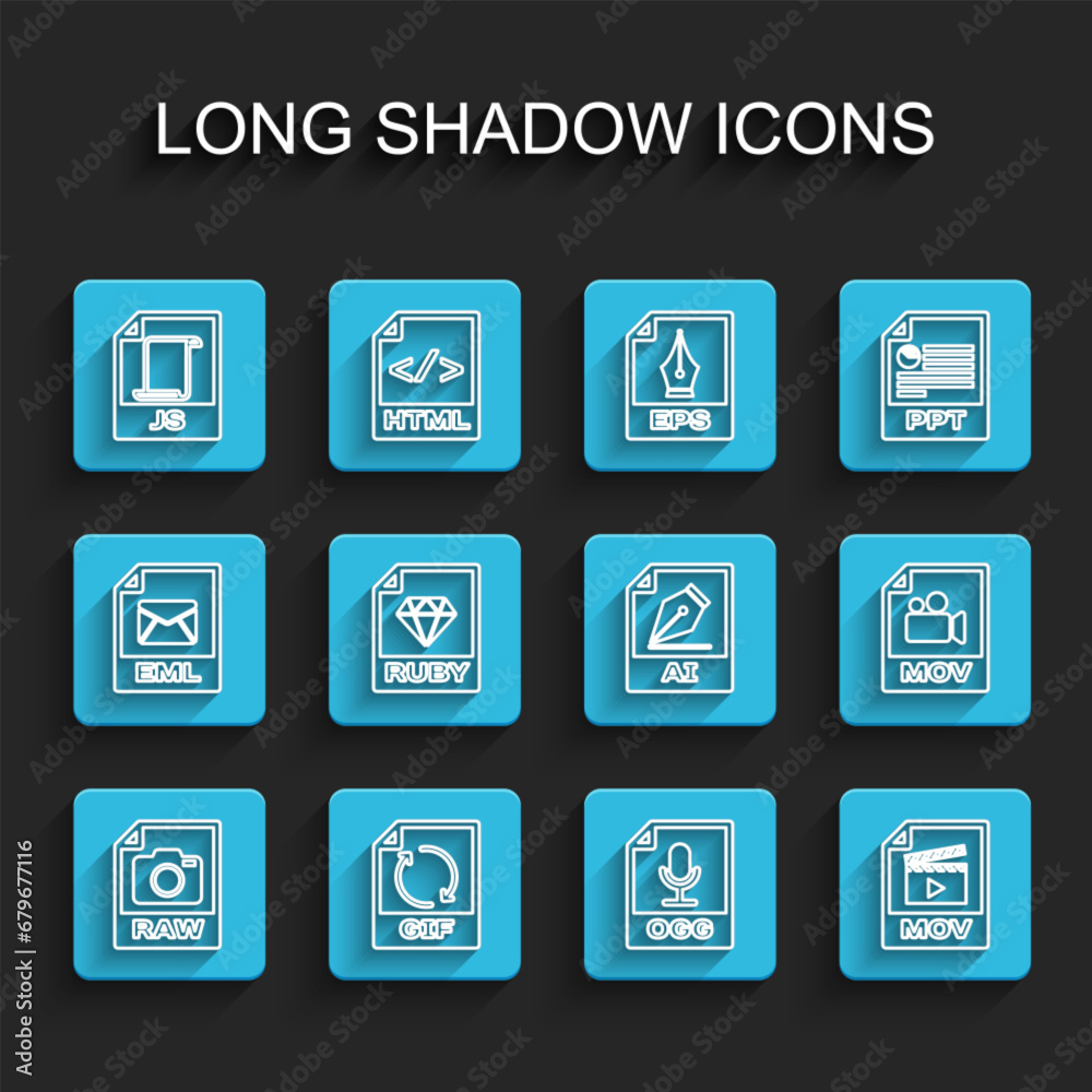 Set line RAW file document, GIF, JS, OGG, MOV, RUBY, and AI icon. Vector Set line RAW file document, GIF, JS, OGG, MOV, RUBY, and AI icon. Vector
