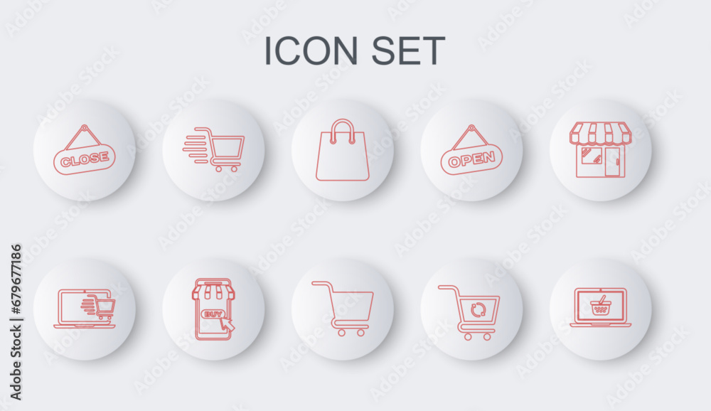 Set line Shopping basket on laptop, cart, Handbag, Refresh shopping, Hanging sign with Close, Mobile and icon. Vector Set line Shopping basket on laptop, cart, Handbag, Refresh shopping, Hanging sign with Close, Mobile and icon. Vector