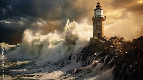  a lighthouse sitting on top of a rocky cliff surrounded by a large wave in front of a dark cloudy sky. photo