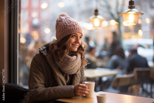 Smiling woman in brown knitted beanie hat and stylish coat sit in cafe and drinking coffee