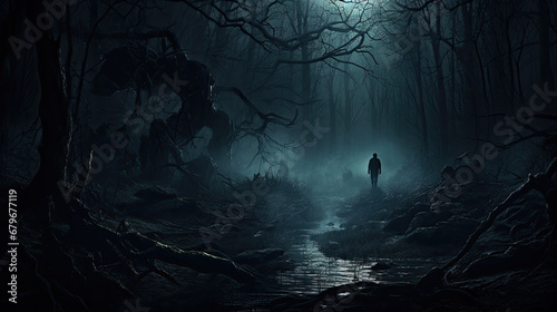 Creepy dark forest at night with man walking over trees, misty forest wit fog, halloween dark forest