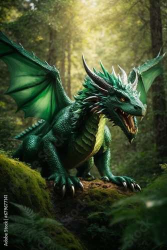 Fantastic beautiful green dragon with spread wings and open mouth in a dense forest