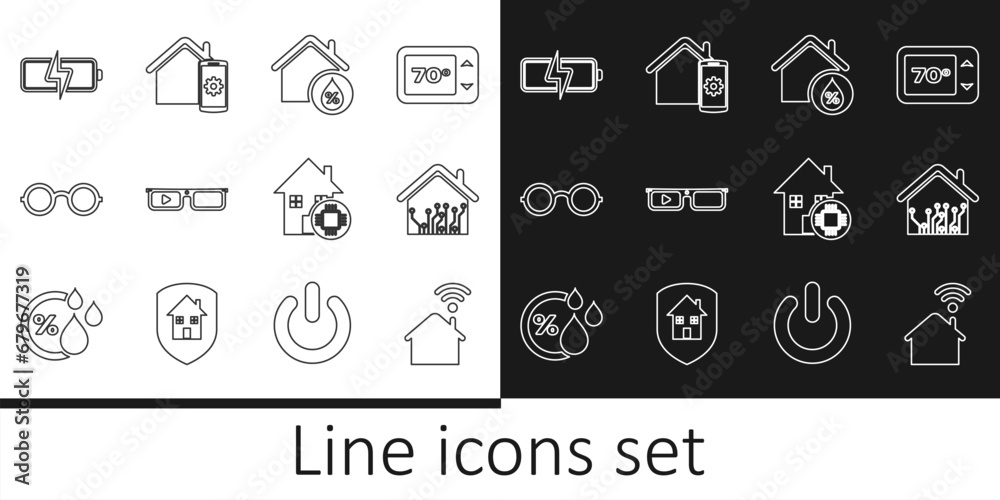 Set line Smart home with wi-fi, House humidity, glasses, Glasses, Battery, and remote control system icon. Vector
