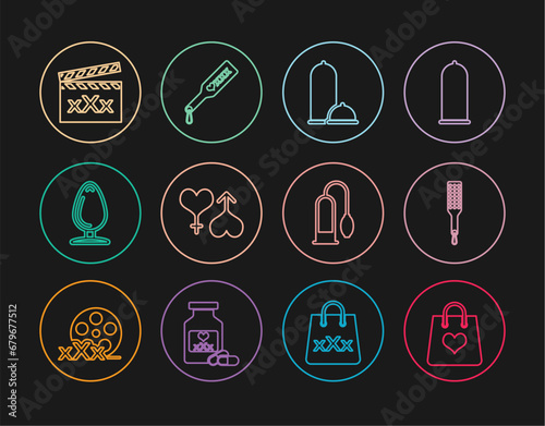 Set line Shopping bag with heart, Spanking paddle, Condoms safe sex, Male and female, Anal plug, Movie clapper Sex, Penis pump and icon. Vector