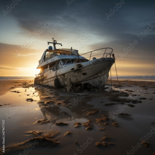 Desolate Shoreline: A Stranded Luxury Yacht in a Post-Apocalyptic World