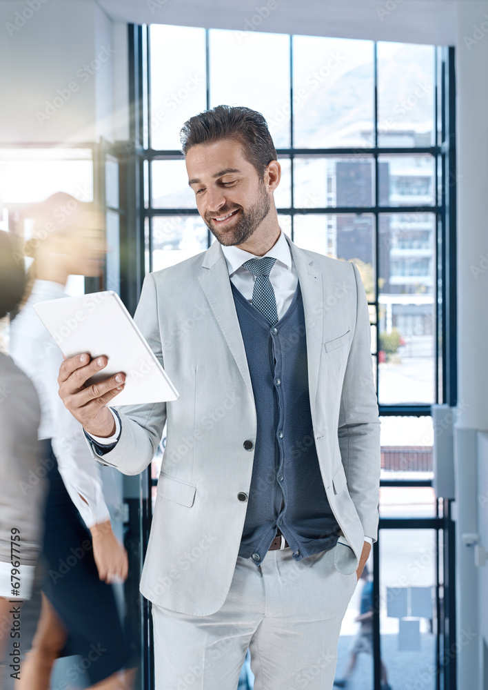 Happy, email or businessman with tablet networking online for research or report in digital agency. Smile, tech startup or social media manager with app for planning schedule on website in office