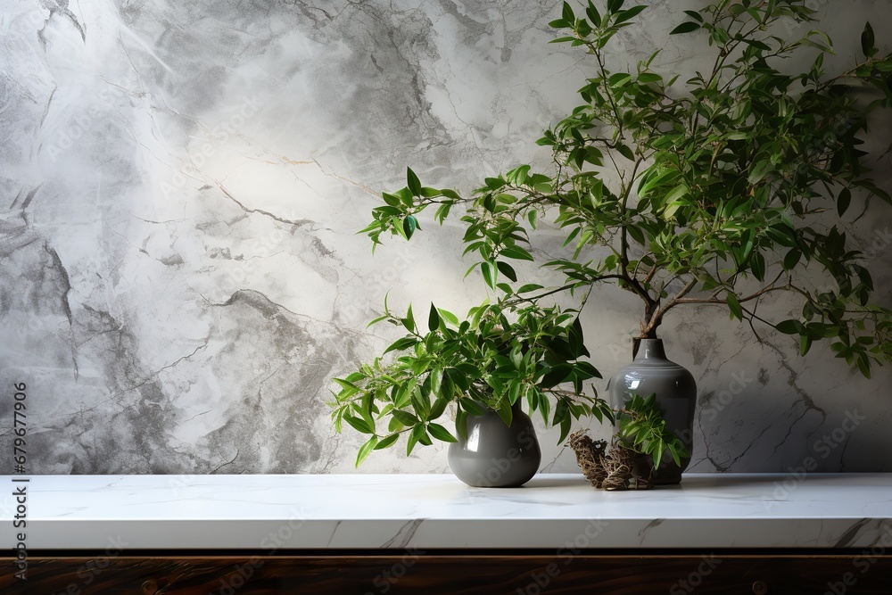 White marble table with tree shadow on concrete wall White marble table with tree shadow on concrete wall