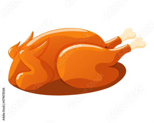 Roast turkey bird for Thanksgiving or harvest festival. Baked grilled chicken. Isolated holiday poultry food. Fried white meat chicken. Vector illustration.