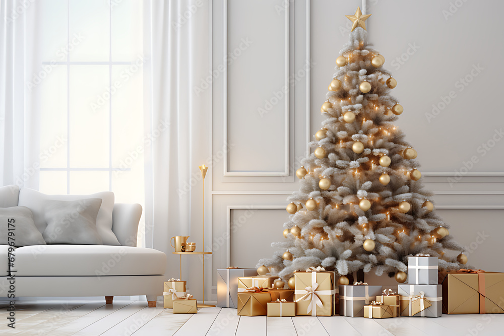 Big christmas tree decorated with beautiful living room and many different presents on wooden floor. Blue wall background. 3d render - obrazy, fototapety, plakaty 
