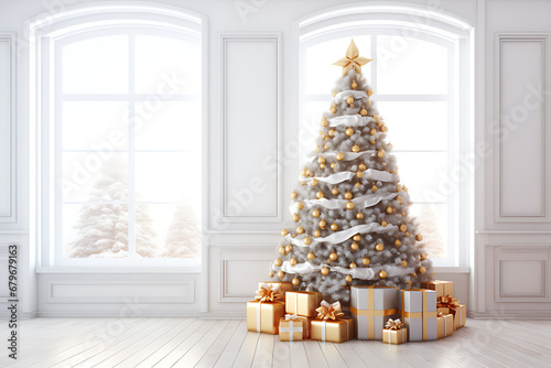 Big christmas tree decorated with beautiful living room and many different presents on wooden floor. Blue wall background. 3d render
