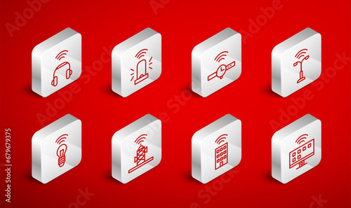 Set line Smart Tv system, flasher siren, Smartwatch, street light, home with wireless, headphones, Wireless antenna and bulb icon. Vector