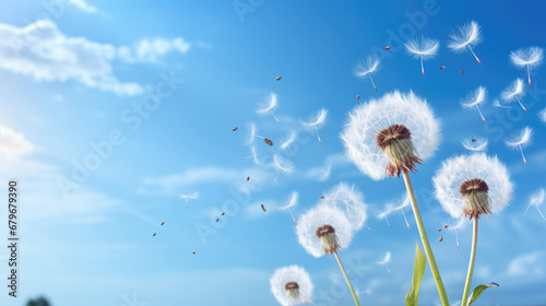 Dandelion with seeds blowing away in the wind across a clear blue sky  with copy space