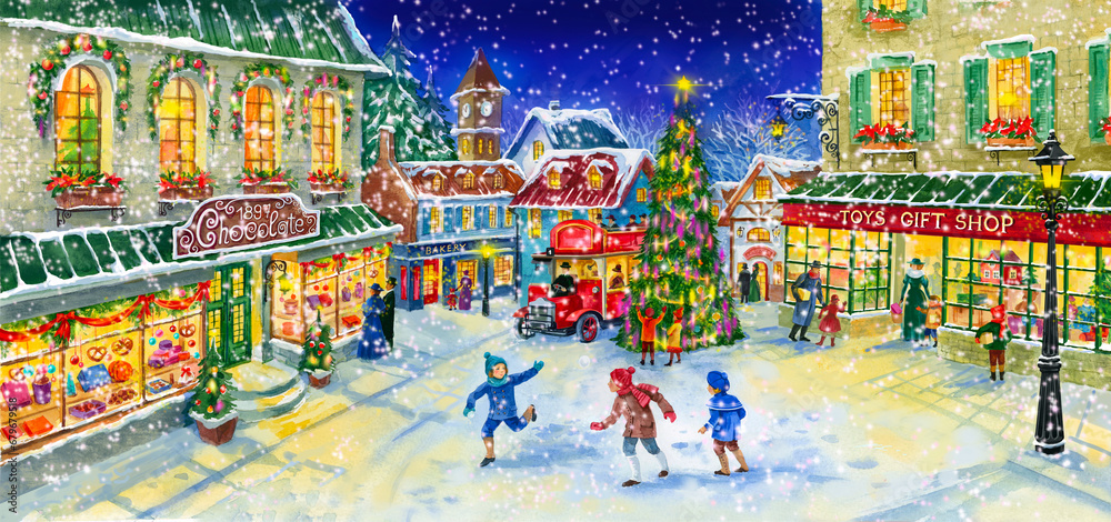 Christmas town in the evening with a Christmas tree on the main square, children playing snowballs. Watercolour illustration