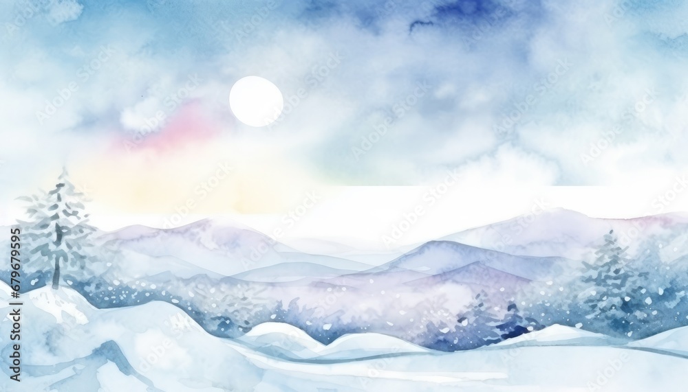  watercolor snow hills sunny background