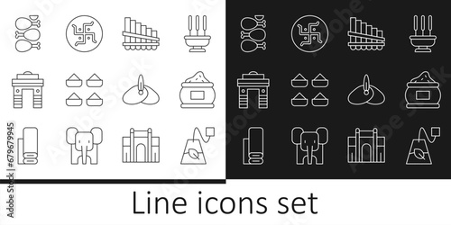 Set line Tea bag, Indian spice, Pan flute, Gate in Delhi, Tandoori chicken, headgear turban and Hindu swastika icon. Vector