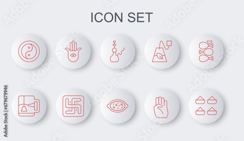 Set line Indian spice, Cup of tea with tea bag, Hookah, symbol hand, Yin Yang, Hamsa, Hindu swastika and Kheer bowl icon. Vector