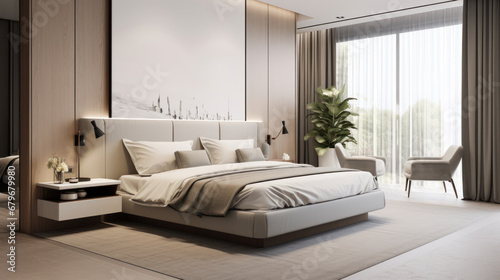 Modern hotel room in light colors with a large double bed. Style concept, design. © Alina Tymofieieva