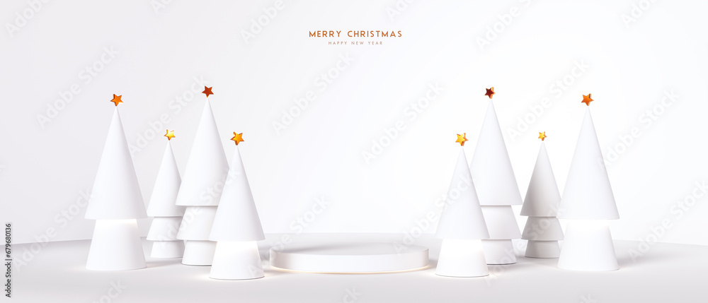 Christmas greeting card. White paper pine trees with empty stage for product presentation. Christmas mockup white background with empty podium and Christmas decoration. 3D Rendering, 3D Illustration - obrazy, fototapety, plakaty 