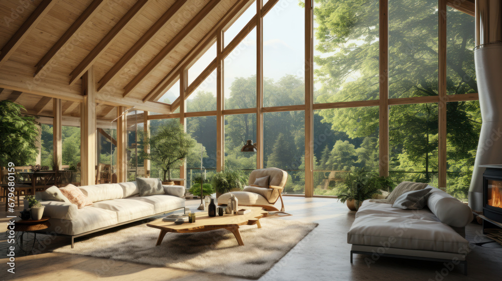 Interior of a living room or bedroom in an eco-house. Modern hotel design in nature. Panoramic windows overlooking natural landscapes. Housing rental concept. Interior of a living room or bedroom in an eco-house. Modern hotel design in nature. Panoramic windows overlooking natural landscapes. Housing rental concept.