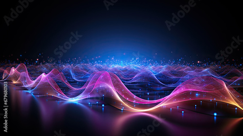 abstract futuristic background with pink blue glowing neon moving high speed wave lines and bokeh lights. Data transfer concept Fantastic wallpaper,  pink blue frequency signal waves as particles