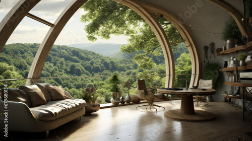 Interior of a living room or bedroom in an eco-house. Modern hotel design in nature. Panoramic windows overlooking natural landscapes. Housing rental concept.