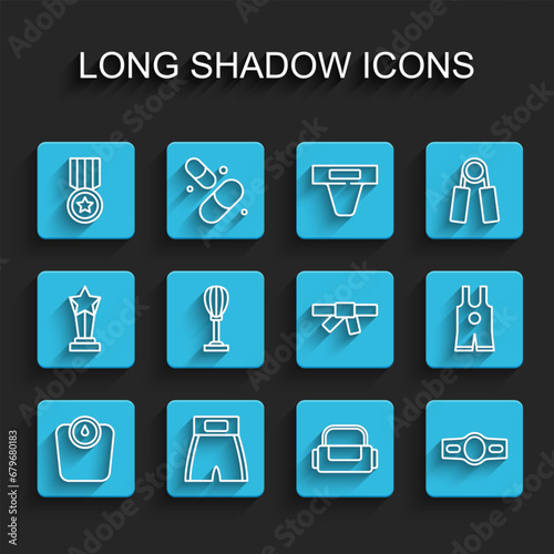 Set line Bathroom scales, Boxing short, Medal, Sport bag, belt, Punching, Wrestling singlet and Black karate icon. Vector