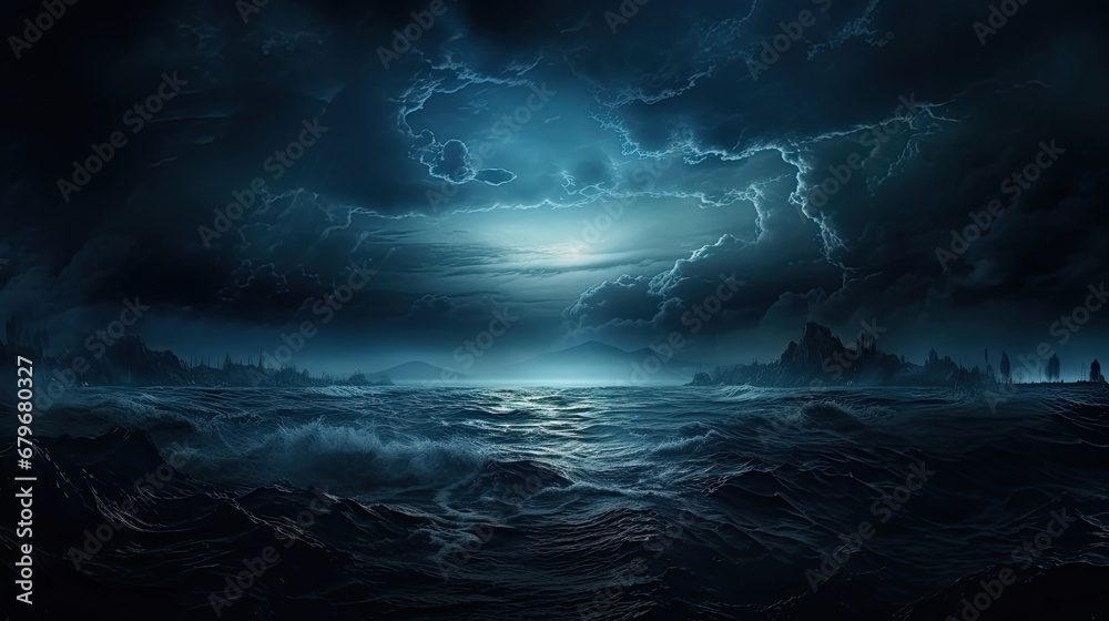 halloween scene dark sea with moon, Horror, dark blue sky, sea haunted cloud, scary ocean