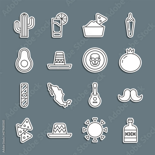 Set line Tequila bottle, Mustache, Tomato, Nachos in bowl, Mexican sombrero, Avocado fruit, Cactus and skull coin icon. Vector