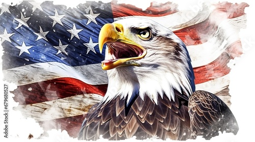 Bald eagle with USA flag isolated on white background, Generative ai.