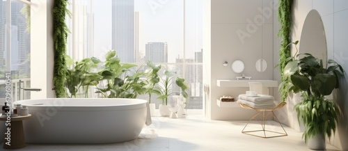 A Tranquil Bathroom Oasis With a Luxurious Tub  Stylish Sink  and Lush Potted Plants Created With Generative AI Technology