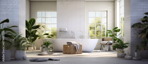 A Luxurious Oasis: The Serene White Bathtub Amidst a Tranquil Bathroom Created With Generative AI Technology