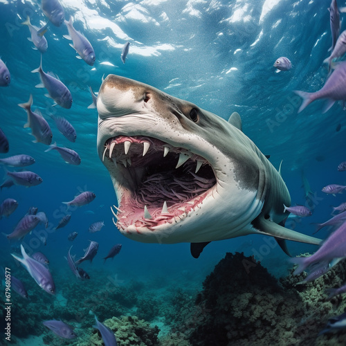 Tiger sharks, dangerous sea predators, and coral reefs in the ocean. Flora and fauna.