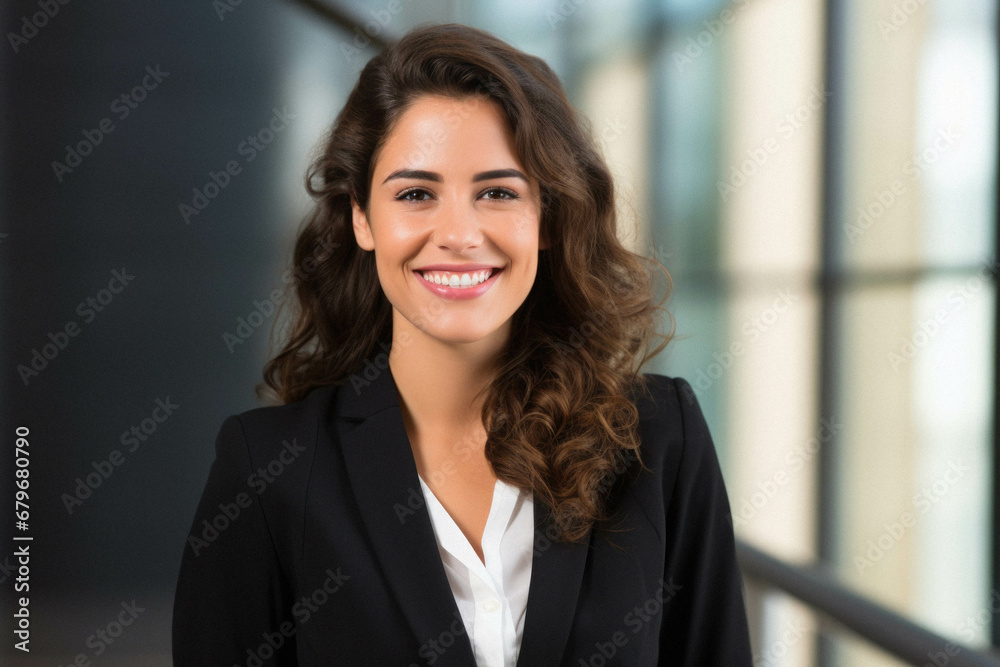 Smiling young business woman standing in modern office. Smiling young business woman standing in modern office.