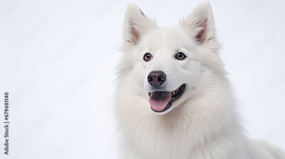 Cute sitting white dog wearing Santa Claus hat on white background.Christmas. advertising for pets, dogs Cute sitting white dog wearing Santa Claus hat on white background.Christmas. advertising for pets, dogs