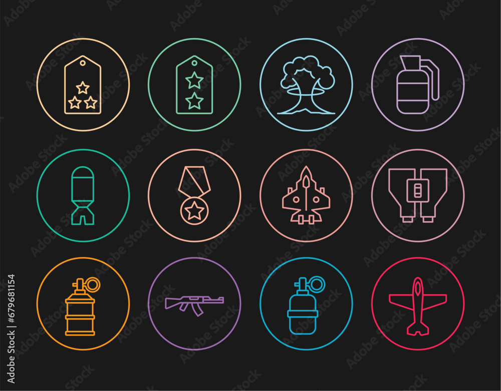 Set line Plane, Binoculars, Nuclear explosion, Military reward medal, Rocket launcher, rank, Jet fighter and icon. Vector Set line Plane, Binoculars, Nuclear explosion, Military reward medal, Rocket launcher, rank, Jet fighter and icon. Vector