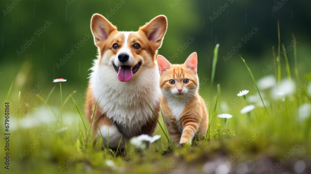 Obraz na płótnie A corgi dog and his friend a red cat are walking together in a green garden in the summer rain. Concept of friendship, love, fun. w salonie