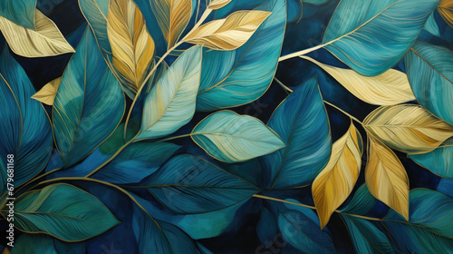 pattern with leaves  blue  green and gold tropical leaves design. Golden and dark blue and teal leaves painting . Great for wall art and home decor