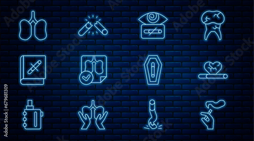 Set line Hand with smoking cigarette, Heart disease, Hypnosis, Lungs x-ray diagnostics, Book stop, Death from and Broken icon. Vector