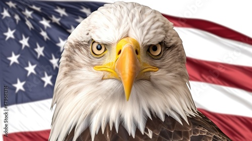 Bald eagle with USA flag isolated on white background, Generative ai.