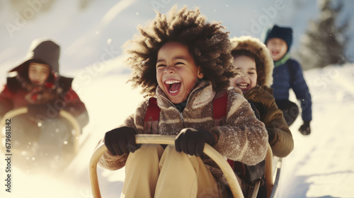 Funny little dark-skinned child rides on a sleigh in the snow. Active sports games in winter. Happy winter holidays concept. photo
