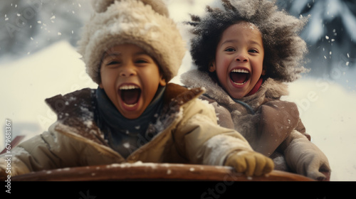 Funny little dark-skinned child rides on a sleigh in the snow. Active sports games in winter. Happy winter holidays concept.