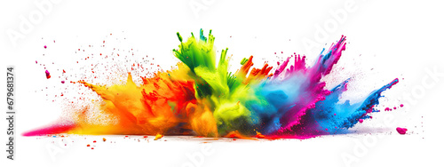 Powerful explosion of colorful rainbow holi powder on transparent background. Colorful splash. Saturate paint backdrops, powder splash. Panorama background.