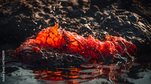Red lava on the volcano. Lava splashes. Eruption © Anahit